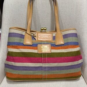 Coach Legacy 65th  Striped Canvas Tote in Multicolor with Tan Leather Trim